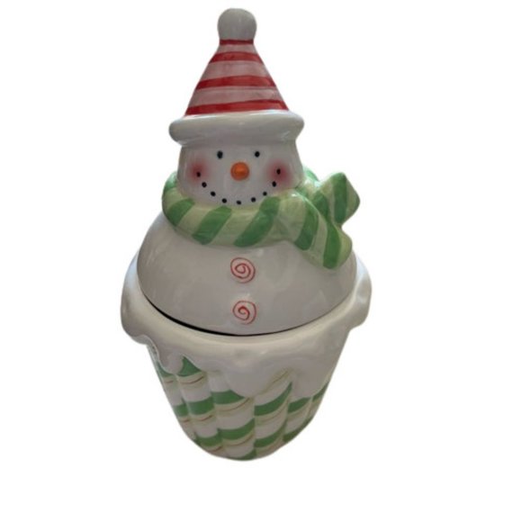 Holiday Christmas Snowman Candy Jar Ceramic Cone Hat 8" - Picture 1 of 7